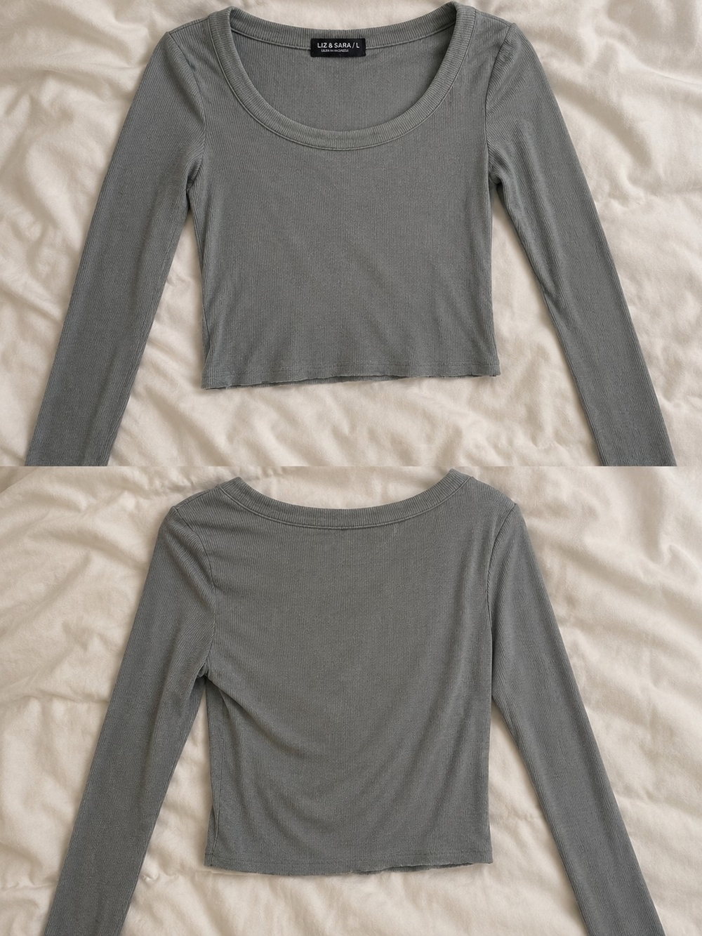 Liz & Sara Greenish Grey Long-Sleeve Scoop Neck Crop Top